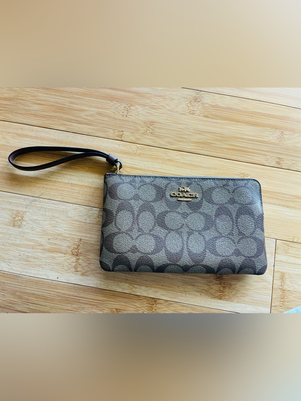 Coach Brown Signature Canvas Large Wristlet with Gold Logo